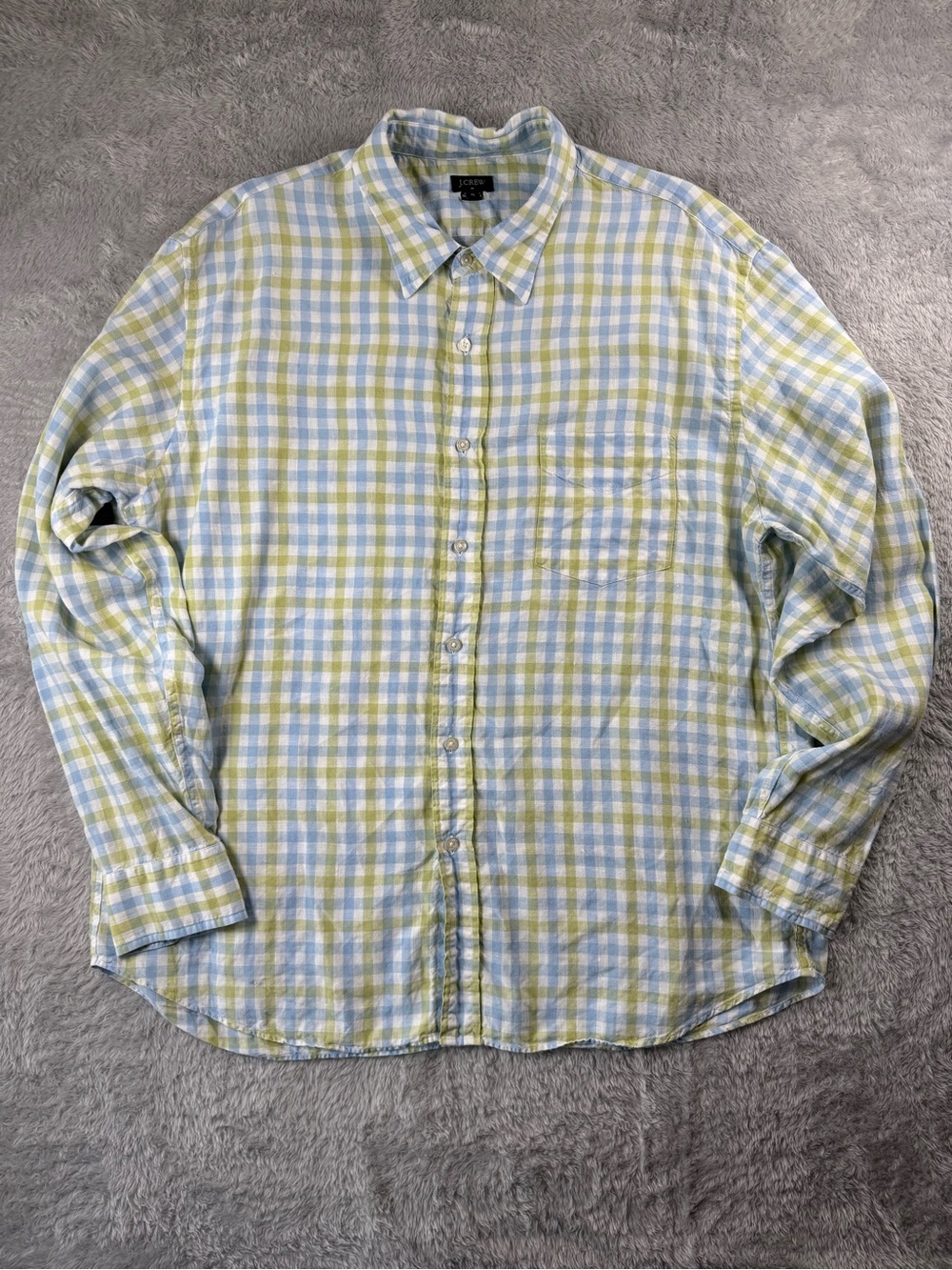 J.Crew 100% Linen Plaid Button Down Shirt XL Blue Green